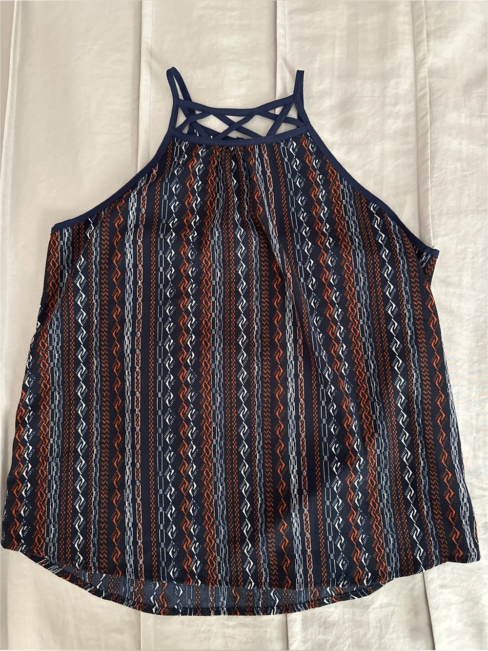 Monteau LA Navy Striped Halter Top with Lattice Neck
